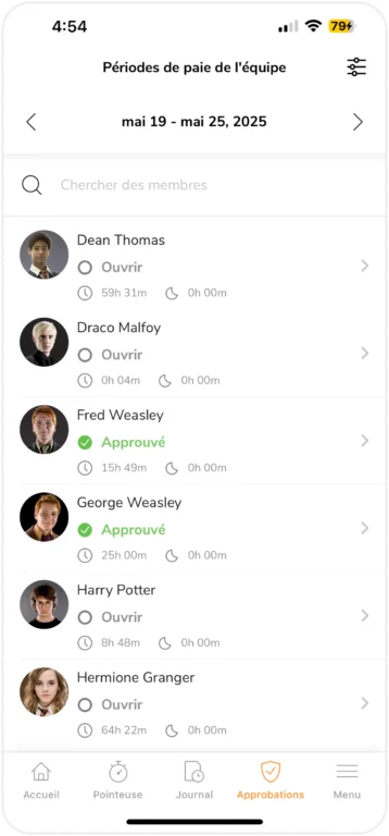 Affichage des périodes de paiee des équipes sur mobile