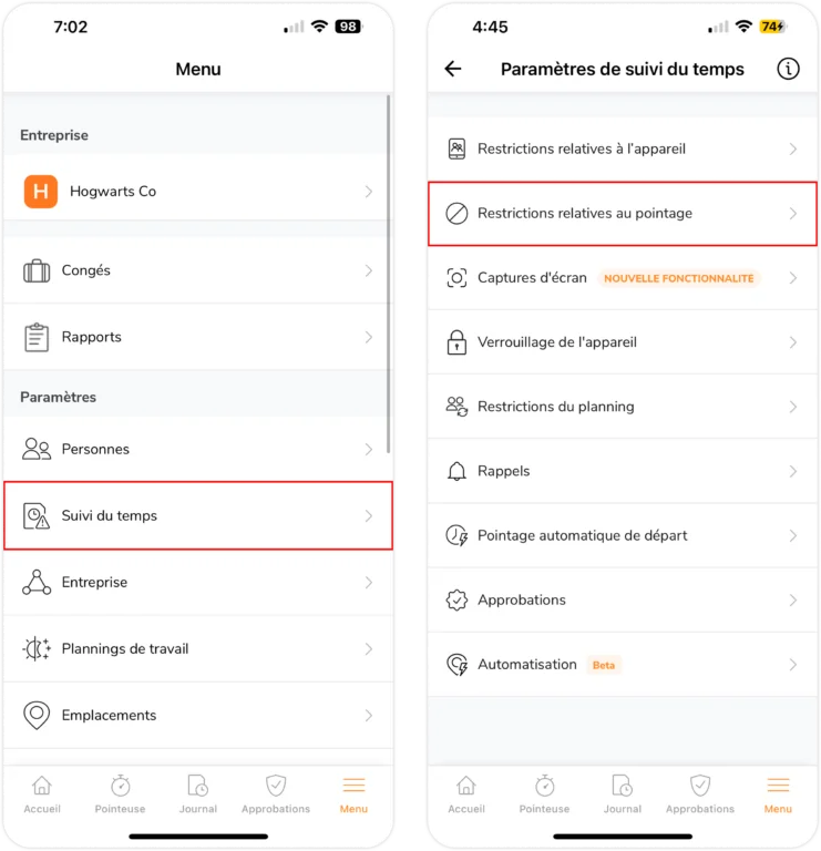 Restrictions relatives au pointage sur mobile