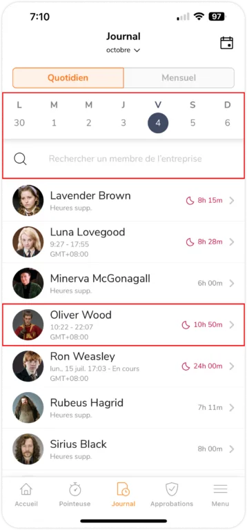 Feuilles de temps hebdomadaires sur mobile