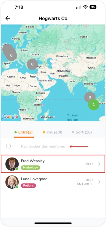 Widget des entrées et sorties sur mobile