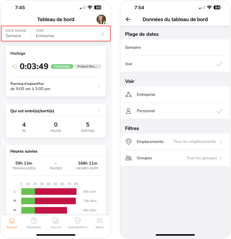 Filtres du tableau de bord sur mobile
