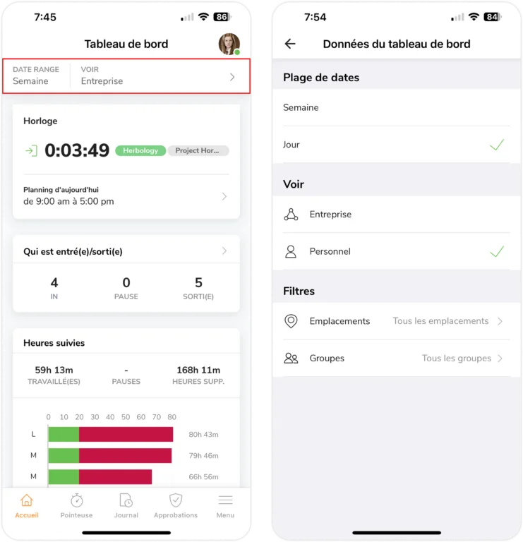 Filtres du tableau de bord sur mobile