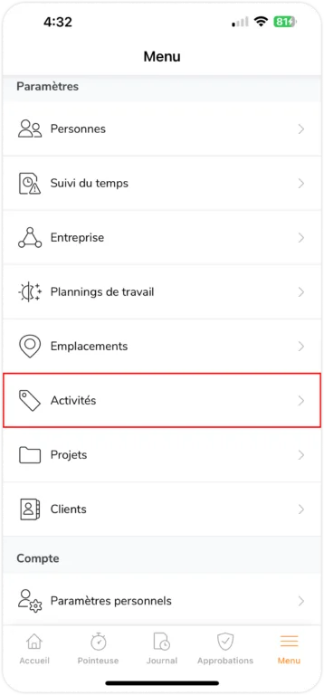 Activités sur mobile