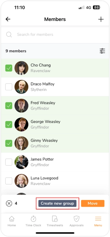 Créer un nouveau groupe à partir des membres sélectionnés sur mobile