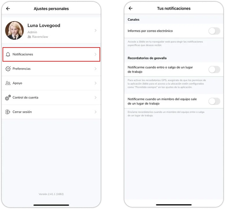 Notification settings on mobile app