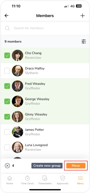Déplacer les membres sélectionnés vers un groupe sur mobile