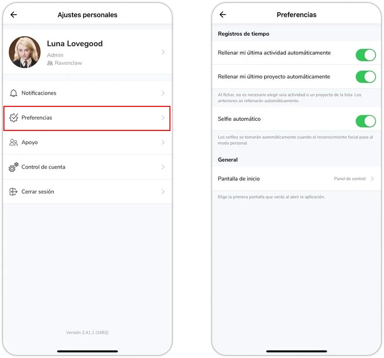 Preferences settings on mobile app