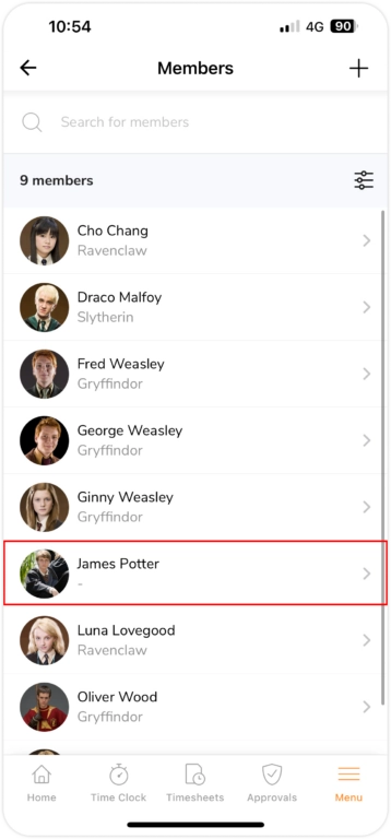 Members tab on mobile