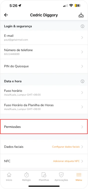Configurações de Permissões do Membro no Celular