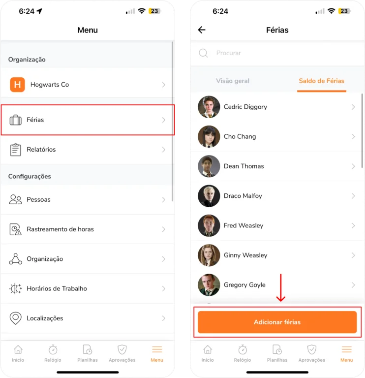 Adicionando férias para um membro no ceelular