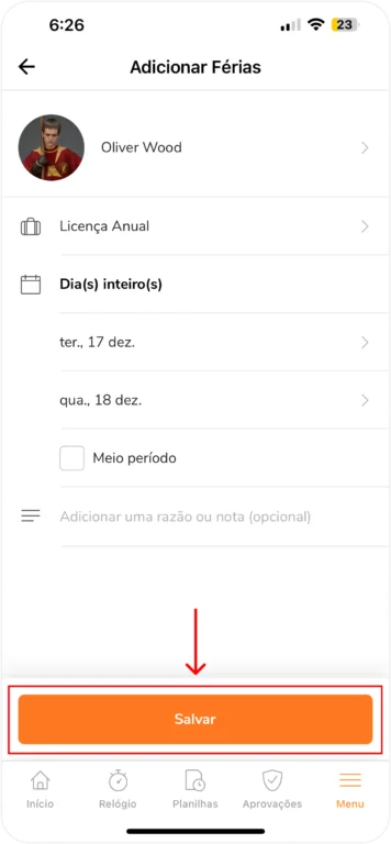 Adicionando férias para um membro no celular