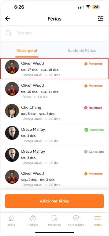 Férias adicionadas na aba de visão geral no celular