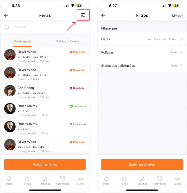Filtrando solicitações de férias no celular