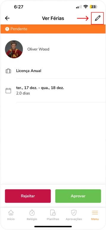 Editando solicitação de férias pendente no celular