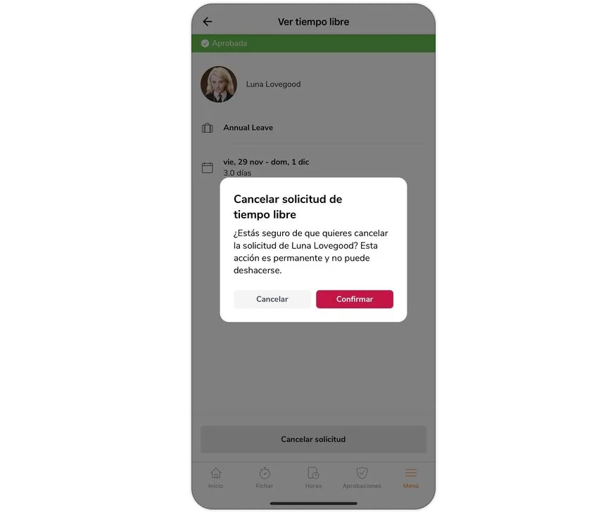 Confirmation message to cancel time off on mobile ap