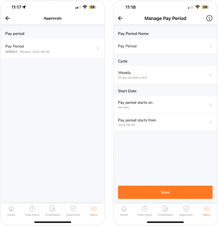 Approval & pay periods on mobile
