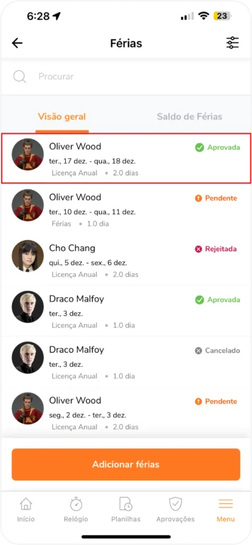 Solicitação de férias aprovada na aba de visão geral no celular