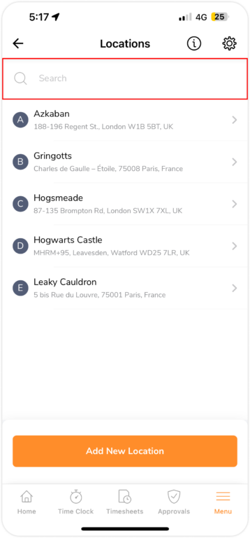 Search existing added location on mobile