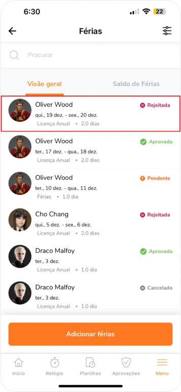 Mensagem de confirmação para rejeitar férias no celular
