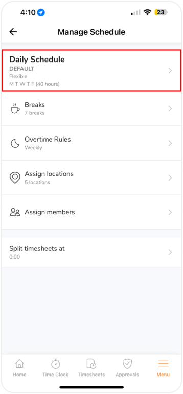 Change work schedule settings on mobile