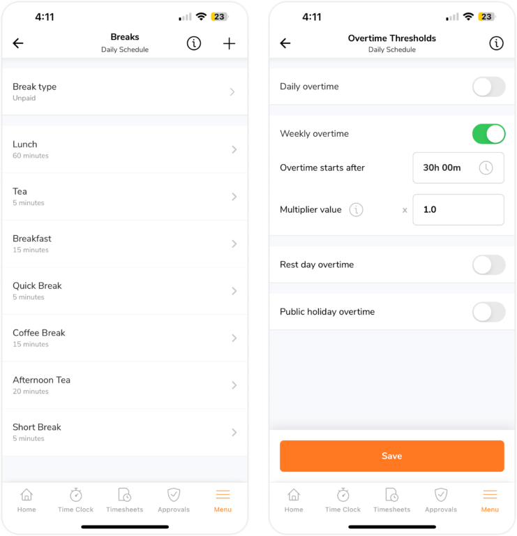 Change work schedule settings on mobile