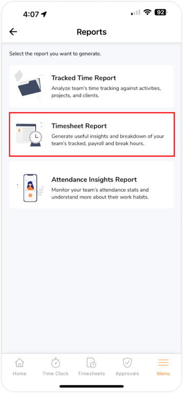 Rapport de feuille de temps sur mobile