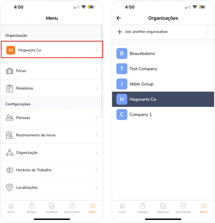 switching organizations on mobile