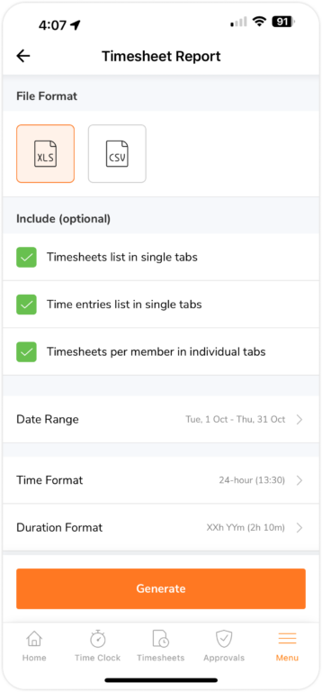 Rapport de feuille de temps sur mobile