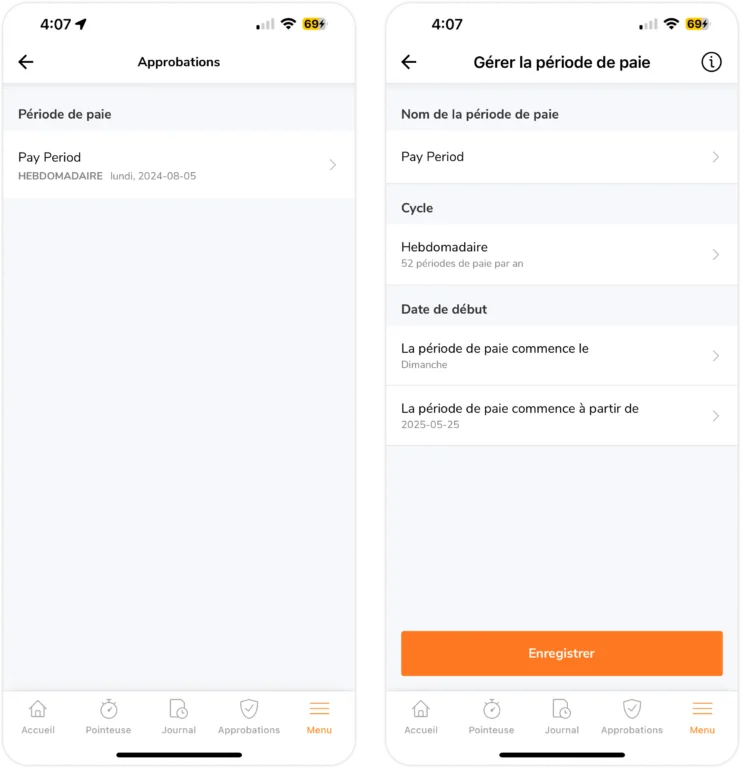 Périodes de paie et paramètres d'approbation sur mobile