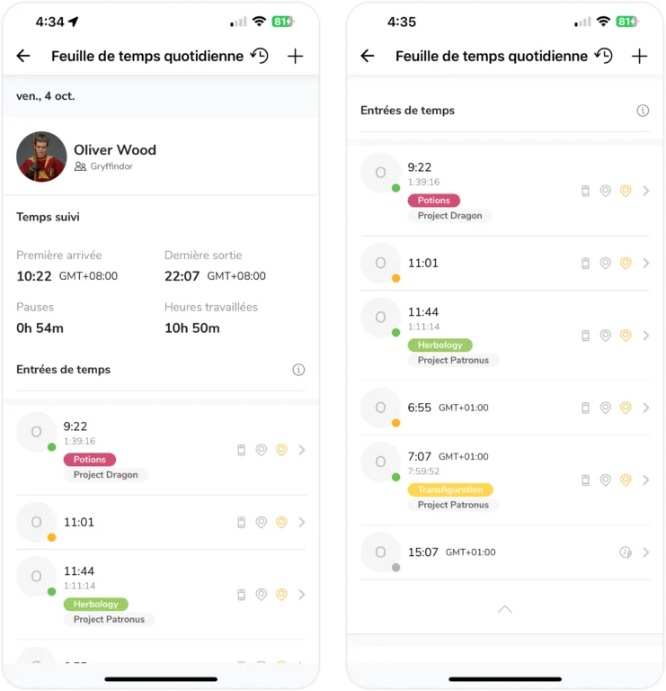 Afficher les activités sur les feuilles de temps via mobile