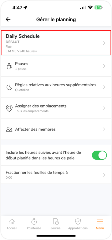 Modification des paramètres du planning de travail sur mobile