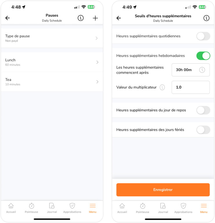 Modification des paramètres du planning de travail sur mobile