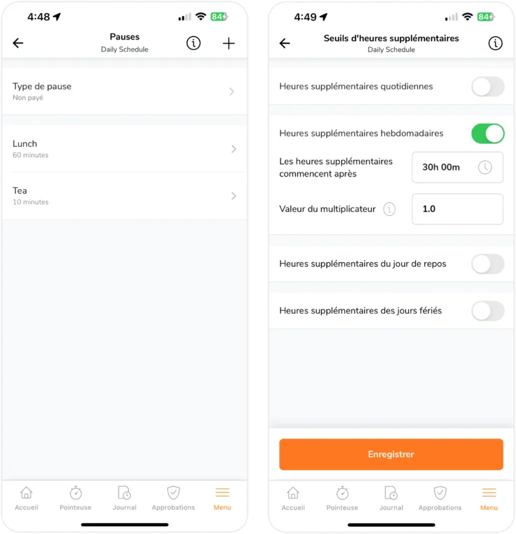 Modification des paramètres du planning de travail sur mobile