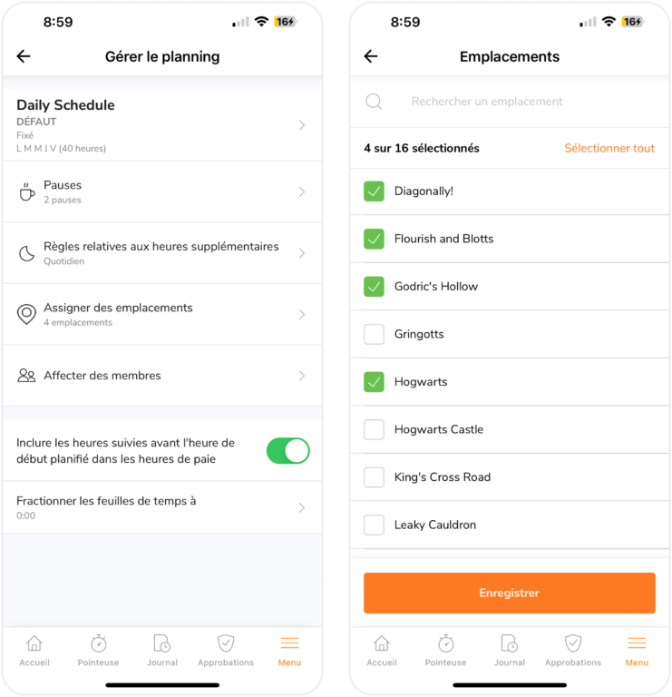 Associer des lieux à des plannings de travail sur mobile
