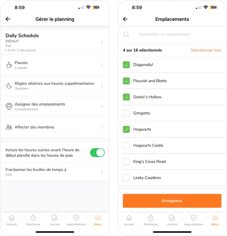Associer des lieux à des plannings de travail sur mobile