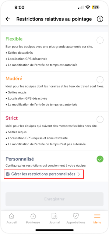 Configurer des restrictions de pointage sur mobile