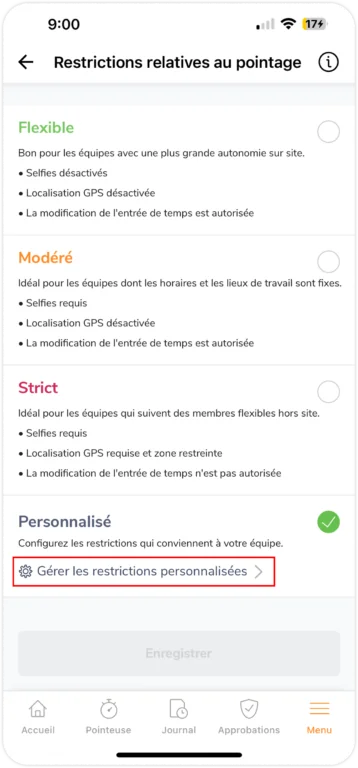 Configurer des restrictions de pointage sur mobile