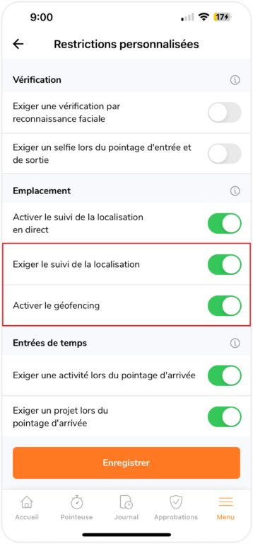 Exiger le suivi de la localisation et activer les paramètres de géorepérage sur mobile