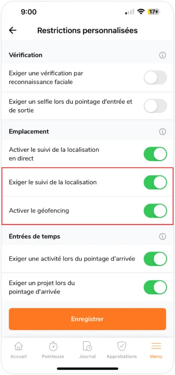 Exiger le suivi de la localisation et activer les paramètres de géorepérage sur mobile