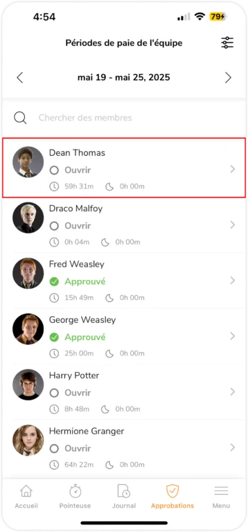 Approbation des feuilles de temps sur mobile