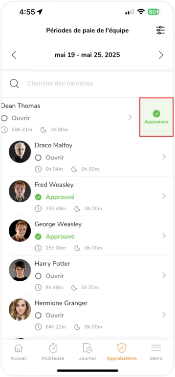 Approbation des feuilles de temps par simple glisser-déposer sur mobile