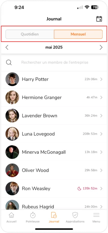 Visualisation des feuilles de temps mensuelles sur mobile