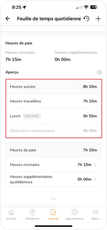 Heures de paie et heures suivies sur mobile