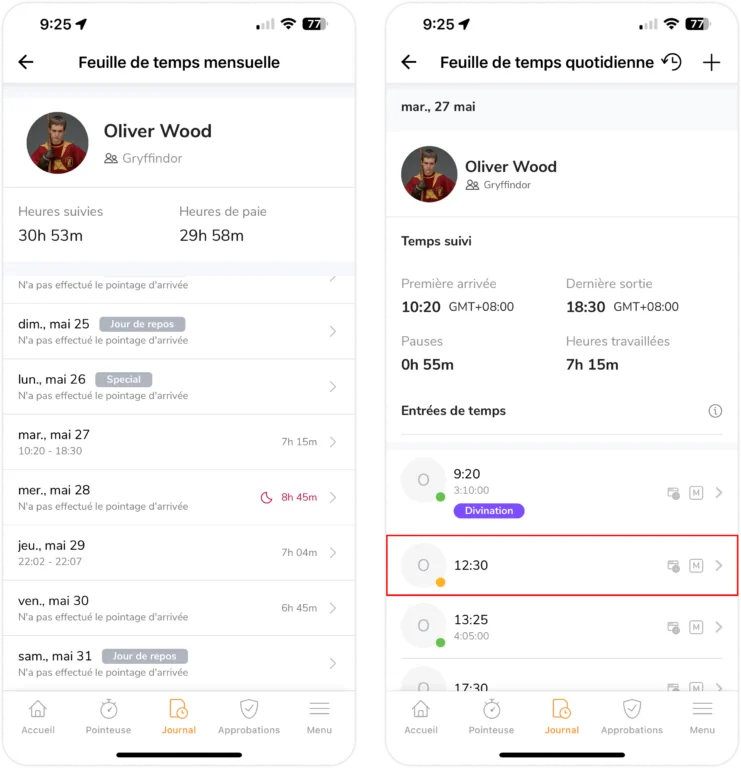 Feuille de temps quotidienne d'un membre et saisie du temps sur mobile 
