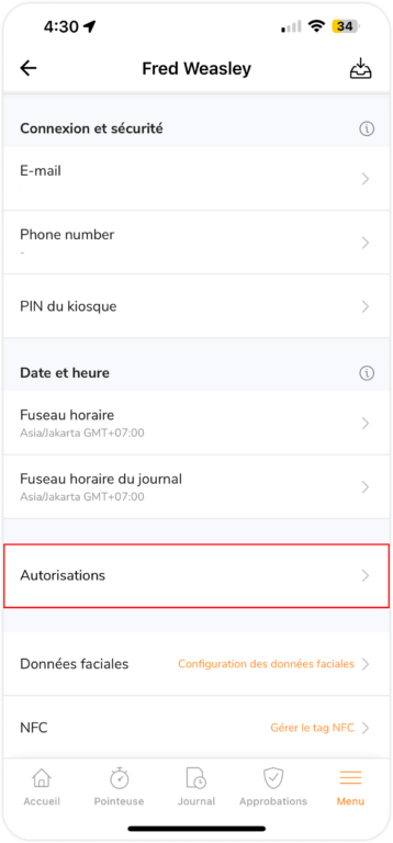 Champ des autorisations individuelles sur le profil via mobile