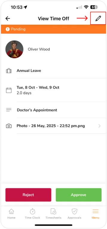 Editing Time Off request for member on Mobile