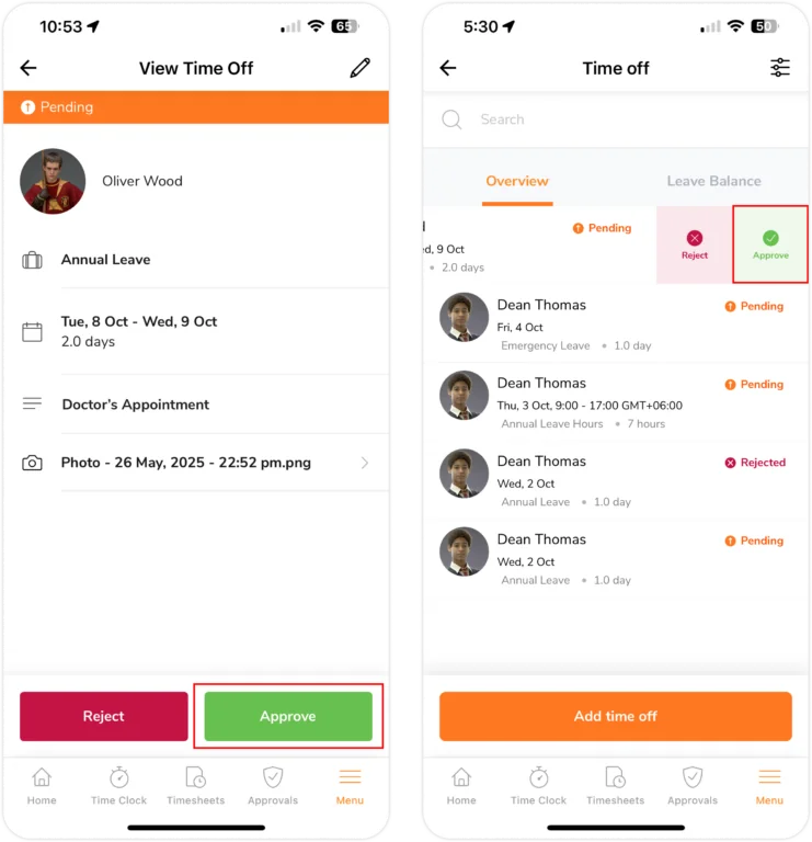 Approving time off request for member on mobile