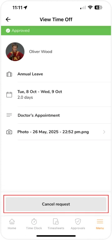 Cancelling Time Off for member on mobile