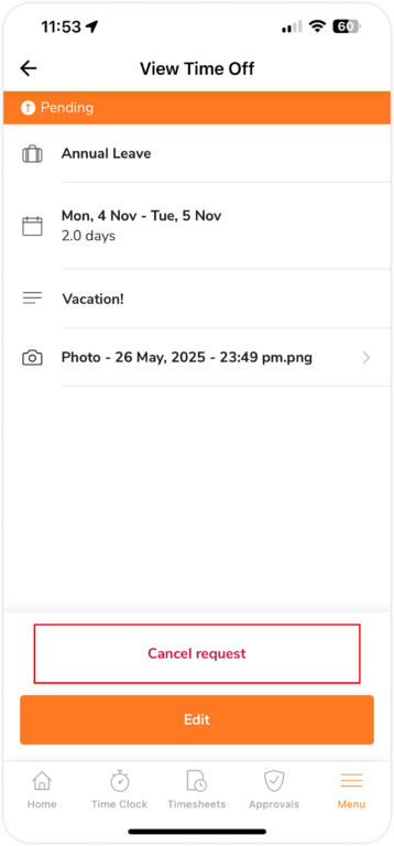Cancelling Time Off request as member on mobile