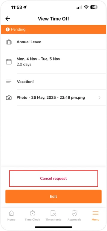Cancelling Time Off request as member on mobile